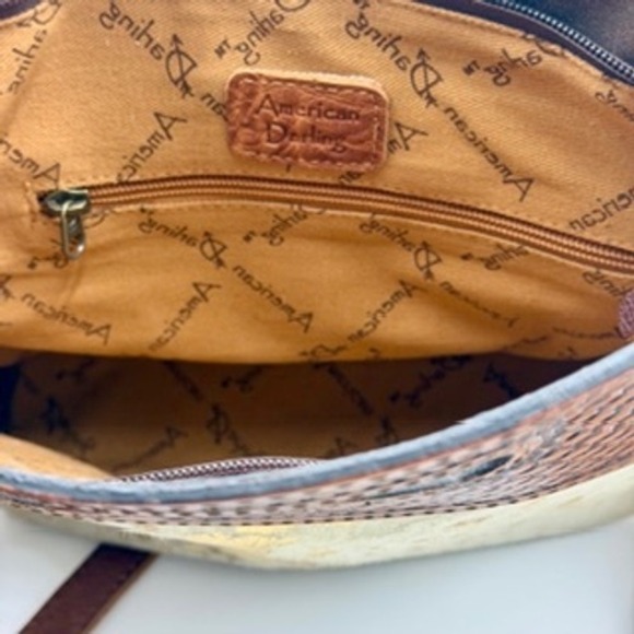 American Darling Tooled Leather Hair on Hide Gold Fringe Crossbody Bag Brown - Picture 8 of 11